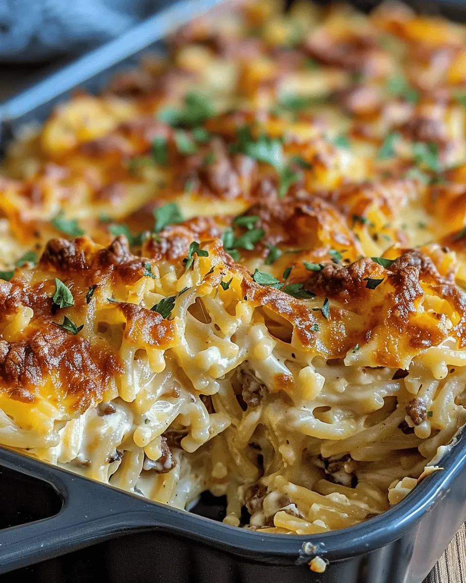 Creamy Southern Spaghetti Bake with Turkey Bacon and Chicken Ham