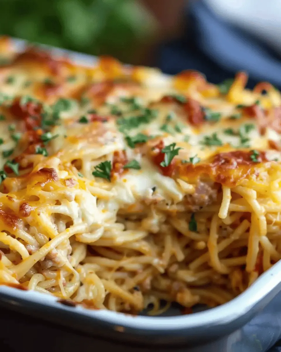Creamy Southern Spaghetti Bake with Turkey Bacon and Chicken Ham