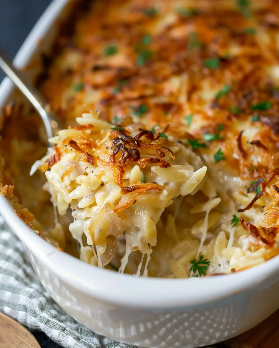 French Onion Orzo Bake with Turkey Bacon for Comforting Flavor
