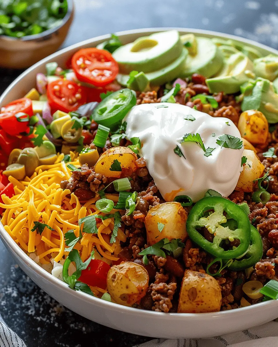 Loaded Potato Taco Bowl with Turkey Bacon and Chicken Ham Delight