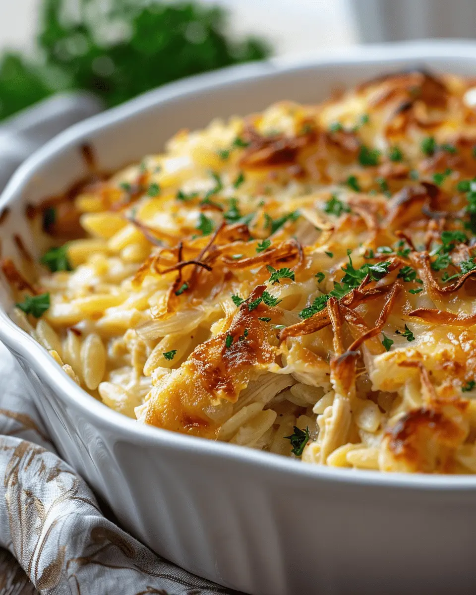 French Onion Chicken Orzo Casserole with Savory Turkey Bacon