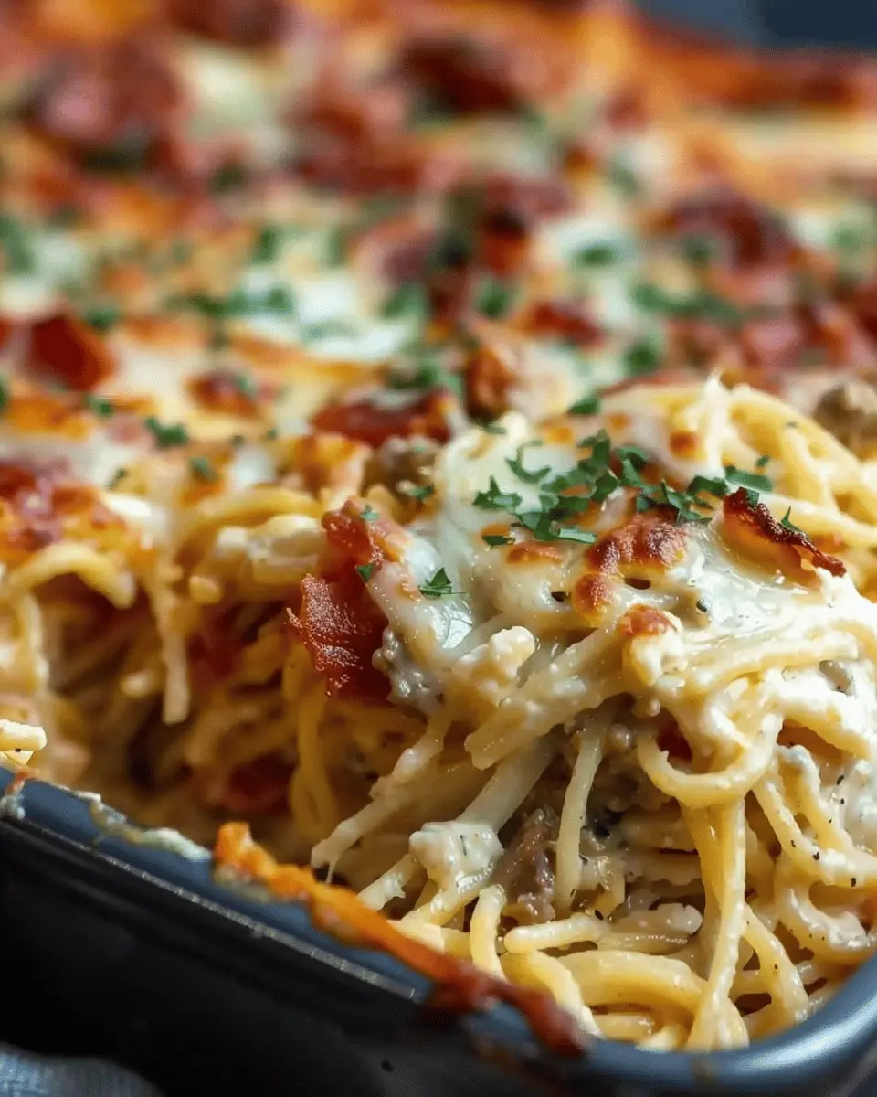 Creamy Southern Spaghetti Bake with Turkey Bacon and Chicken Ham