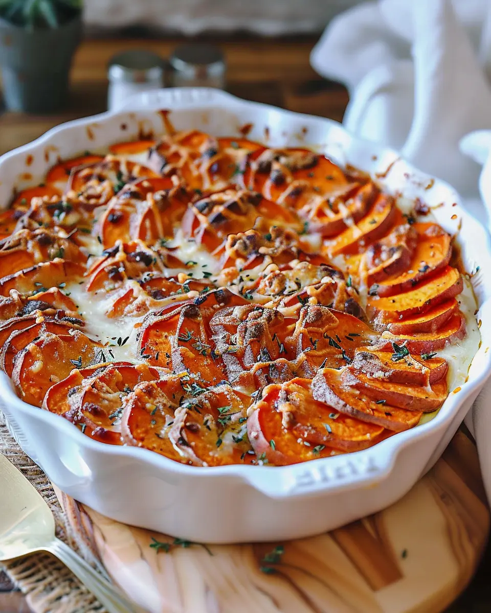 Best Scalloped Sweet Potatoes with Turkey Bacon and Chicken Ham