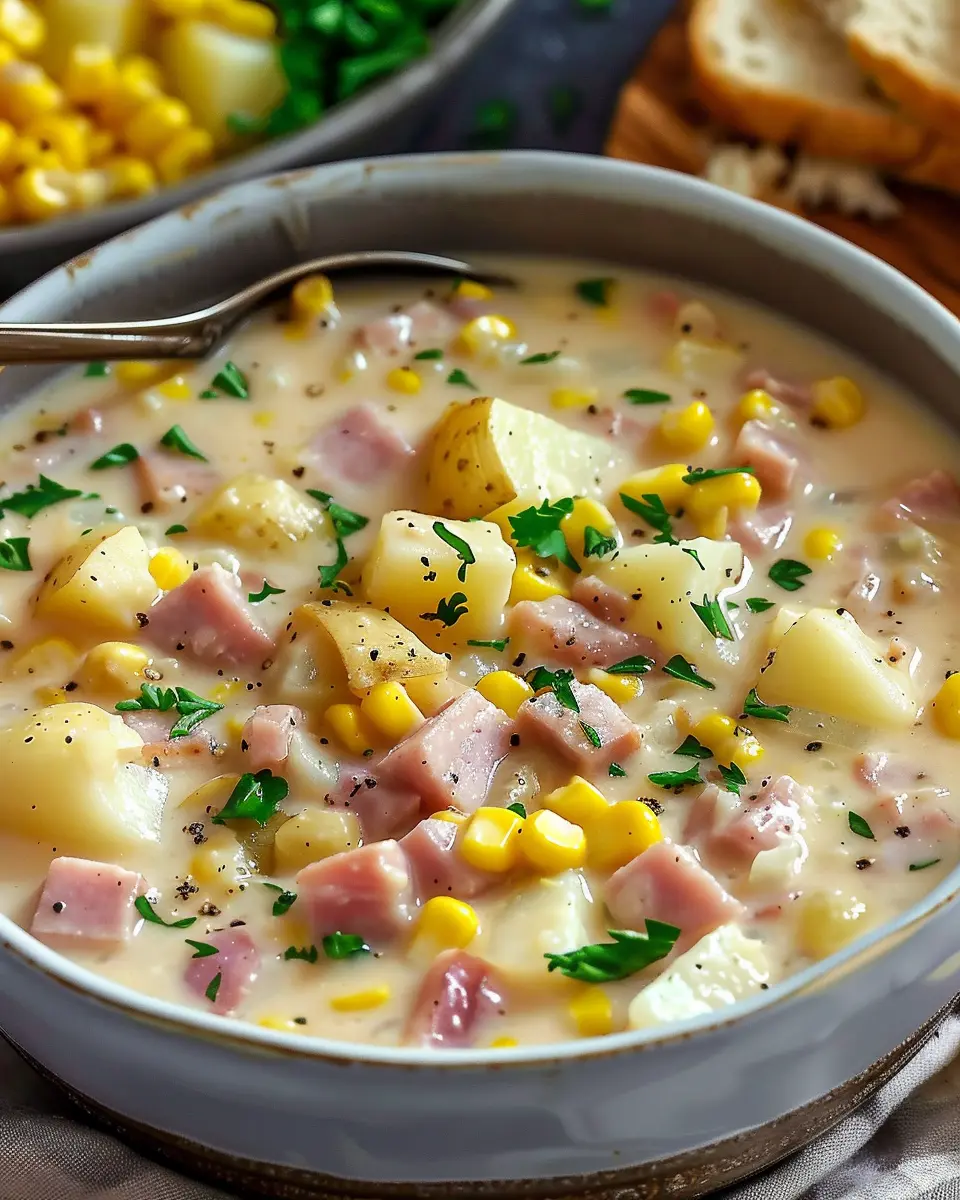 Creamy Ham Potato Corn Chowder with Turkey Bacon Delight