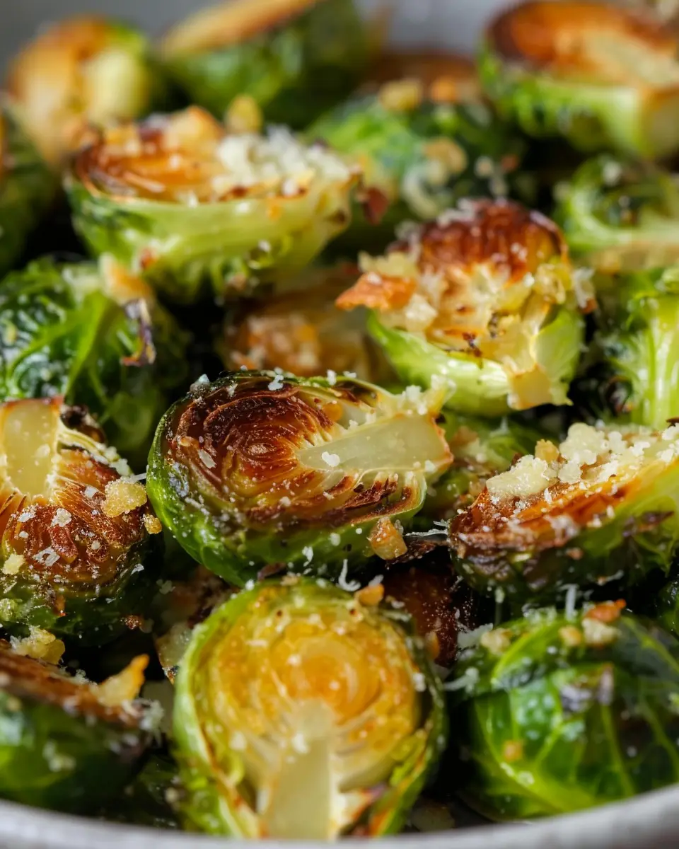 Crispy Parmesan Garlic Roasted Brussels Sprouts with Turkey Bacon