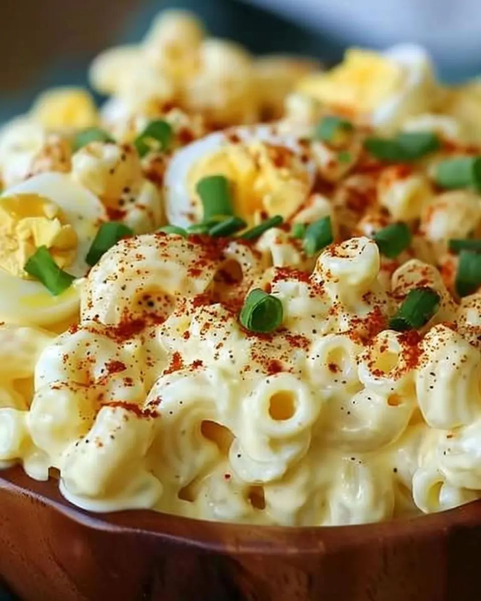 Deviled Egg Macaroni Salad with Turkey Bacon and Chicken Ham Delight
