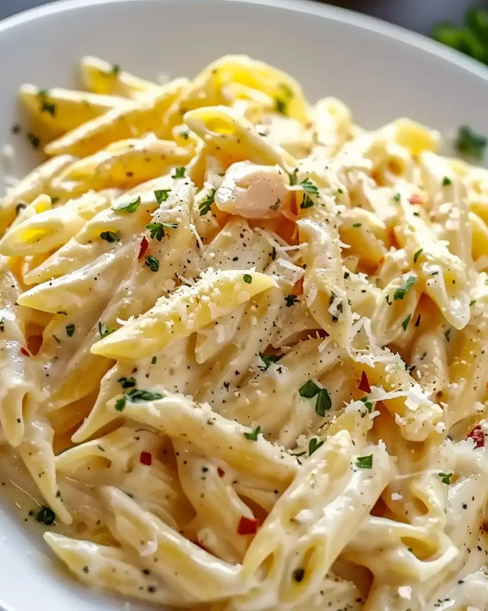 One Pot Creamy Garlic Pasta with Turkey Bacon and Chicken Ham