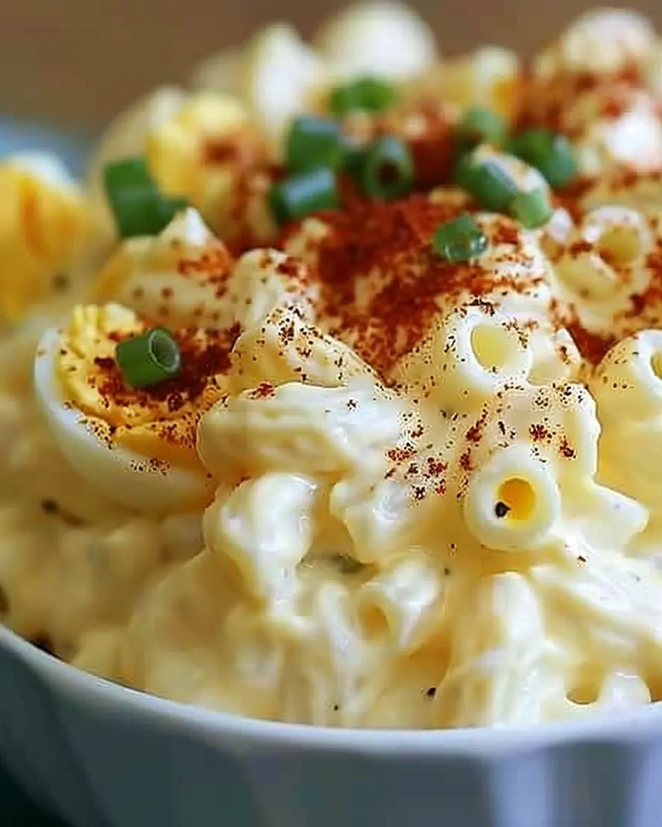 Deviled Egg Macaroni Salad with Turkey Bacon and Chicken Ham Delight