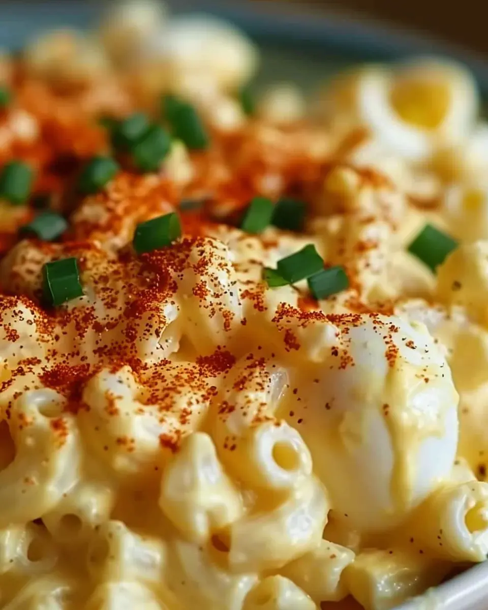 Deviled Egg Macaroni Salad with Turkey Bacon and Chicken Ham Delight