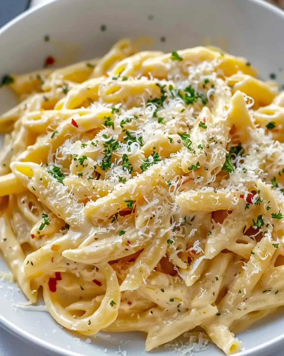 One Pot Creamy Garlic Pasta with Turkey Bacon and Chicken Ham