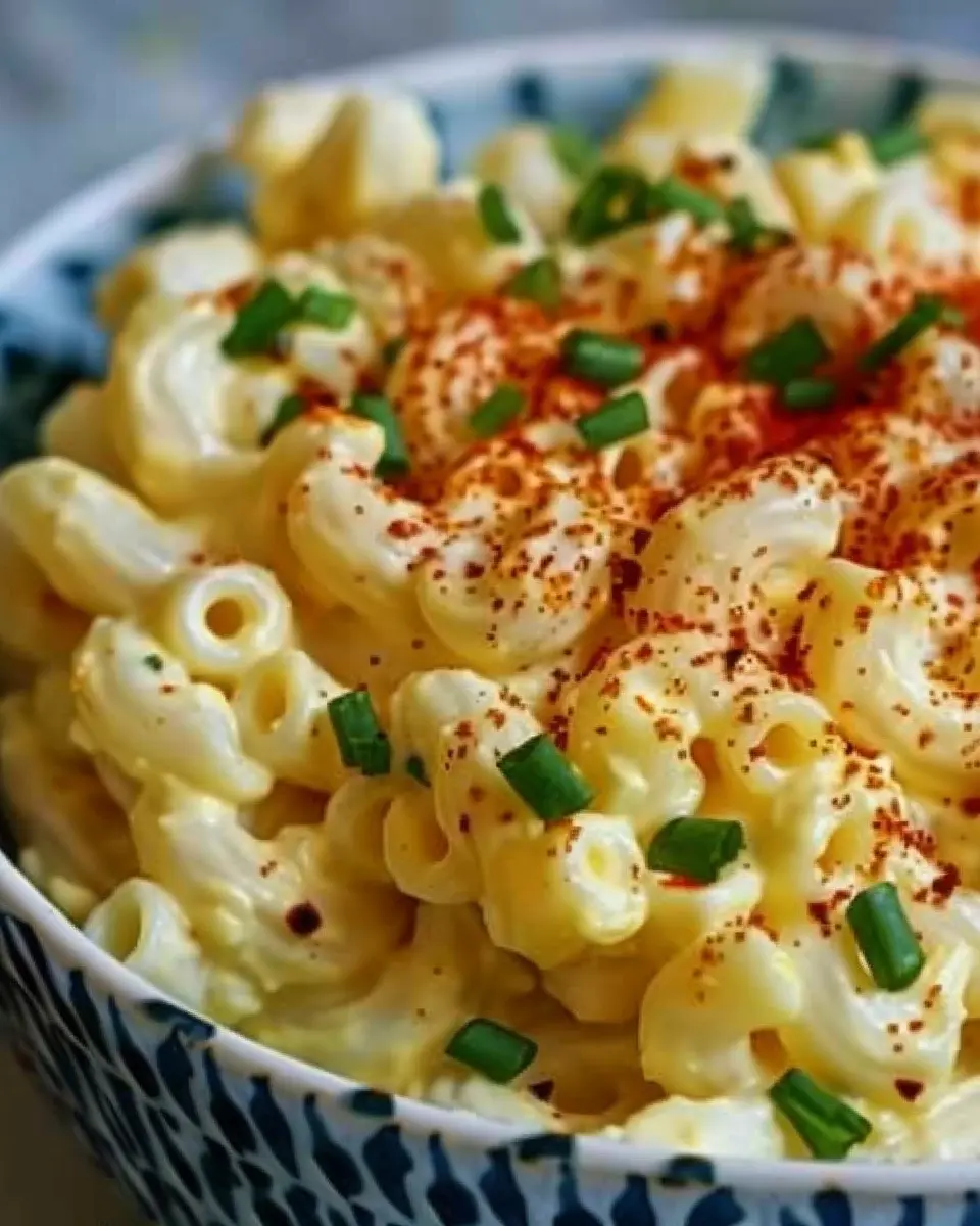 Deviled Egg Macaroni Salad with Turkey Bacon and Chicken Ham Delight